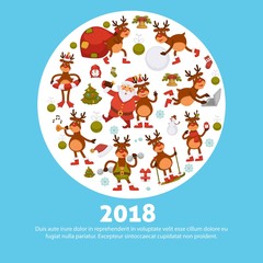 2018 vector poster of cartoon deer or reindeer character poster for Christmas or New Year winter holiday