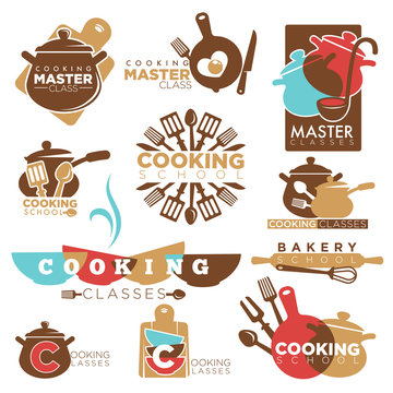 Cooking school master class bakery chef vector isolated icons templates
