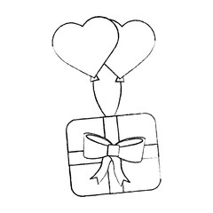 wrapped gift box flying with balloons heart romantic vector illustration