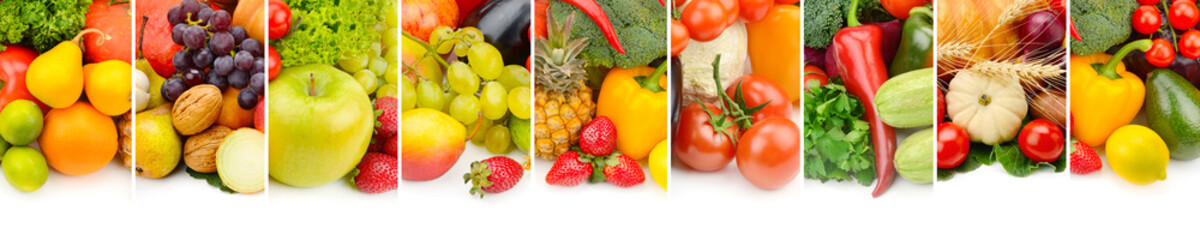 fruits and vegetables isolated on white background. Panoramic collage. Wide photo with free space for text.