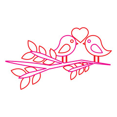 two cute birds with heart on leafy branch card for valentine day vector illustration
