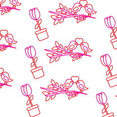 valentines day bird branch and potted flower decoration pattern vector illustration