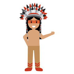 cartoon native indian american with traditional costume headwear vector illustration