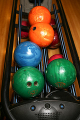 Bowling balls. Bowling alley. Vivid colors.