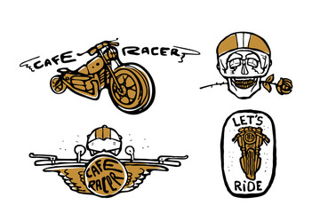Moto biker theme, icon set. Cafe racer. Golden, white