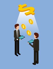 businessmen holding tablet transaction dollar money vector illustration