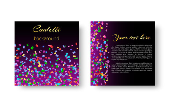 Bright background with falling multicolored confetti for festive decoration of Christmas greetings