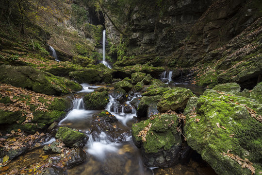 The upper Ferrera waterfalls in an autumn, Ferrera di Varese, Varese district, Lombardy, Italy.