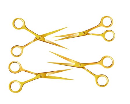 Golden scissors vector 3D icons for red ribbon cut ceremony