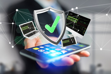 Security shield symbol over a network connection of different devices - Technology concept 3d render