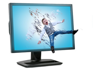 The child flies into the computer screen