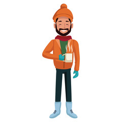 Young man with coffee cup winter cartoon