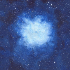 Watercolor hand painted illustration of the space with bright blue nebula and shiny stars. Cosmic background. - 184388938