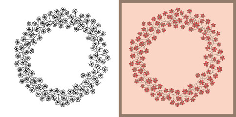 Abstract flower Circle frame illustration design in black and white line art and pink earth tone colour