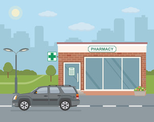 Obraz na płótnie Canvas Facade pharmacy store and SUV car on city background. Flat style, vector illustration. 
