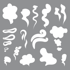 Cartoon smoke and dust clouds. Comic puff and steam vector set. Comic white stench aroma or smell illustration for your web design.
