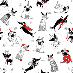 funny seamless texture with dogs in christmas costumes, vector illustration