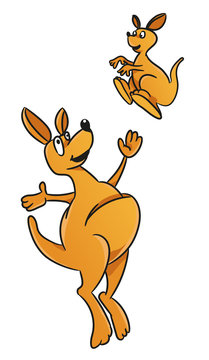 Funny kangaroo jump, vector. Mom and the child, family sports.