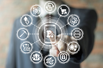 Bitcoins Mobility Digital Financial Technology. Businessman using virtual touchscreen presses smartphone bitcoin symbol arrows up down button. Blockchain transfers concept.