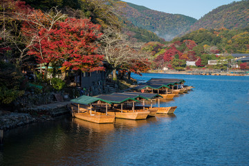 Arashiyama in beautiful autumn season colours, Kyoto, Japan.