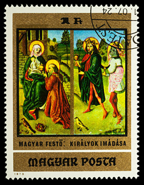 Painting "Adoration of the Kings" on postage stamp