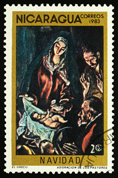 Painting "Adoration of the Shepherds" by El Greco on postage stamp