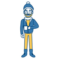 Young man with coffee cup winter cartoon