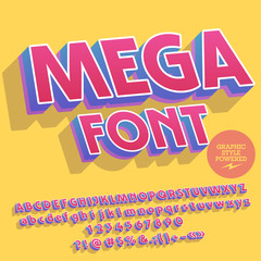 Vector colorful comic inclined Mega Font. Set of retro styled pink Alphabet letters, Numbers and Symbols with shadow. Graphic style Font