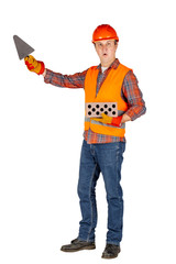 Full length portrait of a male builder in a helmet  over white wall background. repair, construction, building, people and maintenance concept.