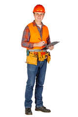 Full length portrait of a male builder in a helmet  over white wall background. repair, construction, building, people and maintenance concept.