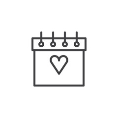 Calendar with heart line icon, outline vector sign, linear style pictogram isolated on white. Valentine day 14 february calendar date symbol, logo illustration. Editable stroke