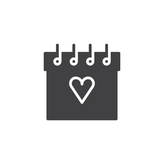 Calendar with heart icon vector, filled flat sign, solid pictogram isolated on white. Valentine day 14 february calendar date symbol, logo illustration.