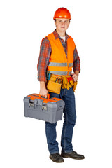 Full length portrait of a male builder in a helmet  over white wall background. repair, construction, building, people and maintenance concept.