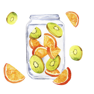 Jar with orange and kiwi lemonade isolated on white background. Hand drawn watercolor illustration.