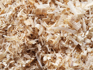 Heap of wood shavings, sawdust background. Lumber. Sawmill waste, bedding for horses and other farm animals