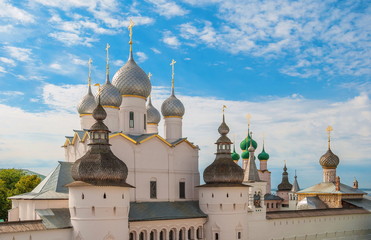 Domes and crosses of the ancient Kremlin in Rostov Veliky