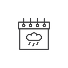 Calendar with rainy cloud line icon, outline vector sign, linear style pictogram isolated on white. Autumn season symbol, logo illustration. Editable stroke