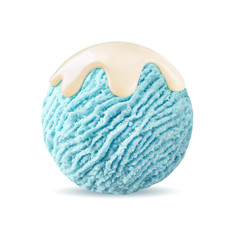 smurf ice cream scoop with vanilla sauce, white syrup topping on smurfs bubble gum blue moon ice-cream ball