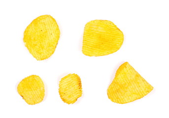 Potato chips isolated on white background, top view