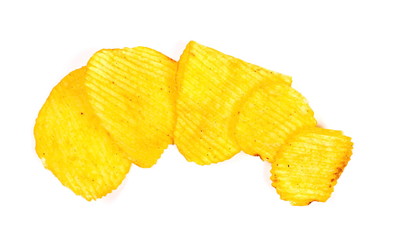 Potato chips isolated on white background, top view
