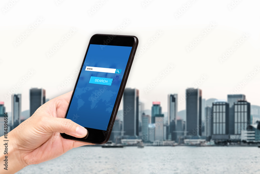 Poster search button and address bar on mobile screen with woman holding mobile phone searching for data on browser with apps at cityscape view,search engine optimization (seo) concept.