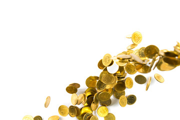 Top view of Falling gold coins money isolated on the white background, business concept.