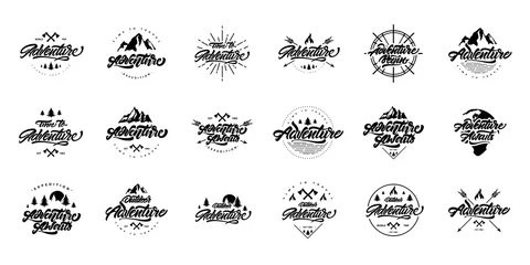 Poster Big black and white Adventure lettering set logos. Vintage logos with mountains, bonfires and arrows. Adventure logo design. Vector logos for your design. © Igor