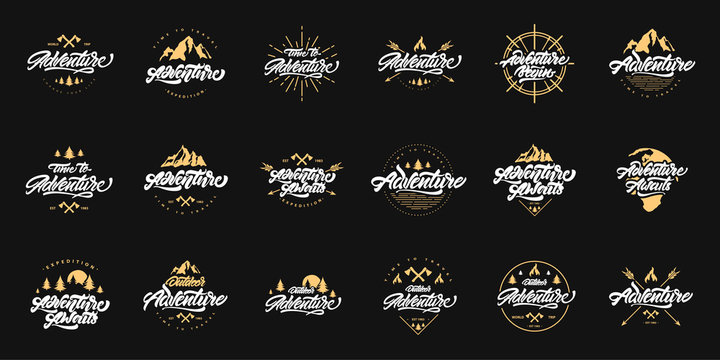 Big Adventure lettering set logos with gold illustrations. Vintage logos with mountains, bonfires and arrows. Adventure logo design. Vector logos for your design.