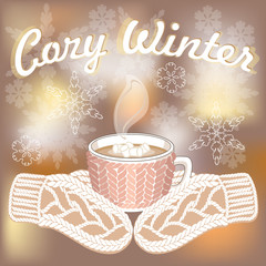 Winter card with cocoa cup, knitted mittens and christmas lights