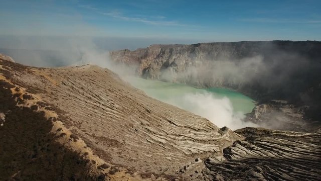 Crater with acidic crater lake the famous tourist attraction, where sulfur is mined. Aerial view of Ijen volcano complex is a group of stratovolcanoes in the Banyuwangi Regency of East Java, Indonesia