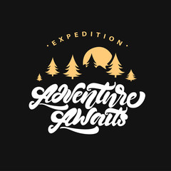 Logotype adventure awaits. Lettering inspiring typography poster with fir trees. Vector logo illustration.