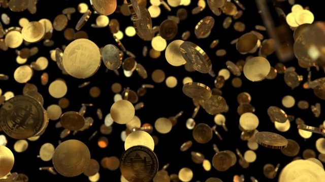 Bitcoins fallen herunter vor schwarzem Hintergrund - Key