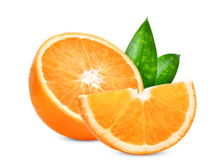 half and slice of orange fruit with green leaves isolated on white background
