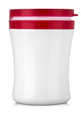 white jar with red cap without label on a white background